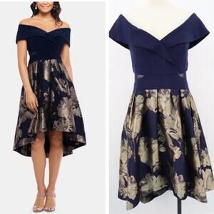Xscape Navy and Gold High Low Dress